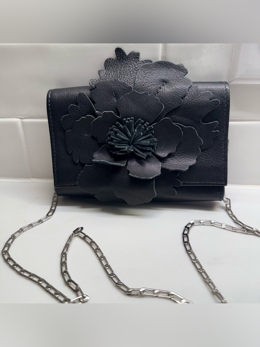 Carlos Falchi Black Floral Applique Crossbody Bag